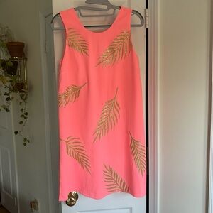 Lilly Pulitzer Coral Pink Gold Palm Leaf Shift Dress- Size XS